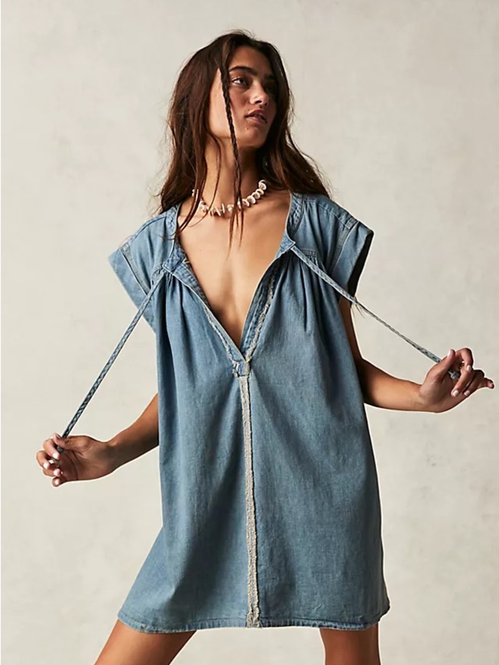 We The Free Washed Blue Denim Dress with Tie dye Detail